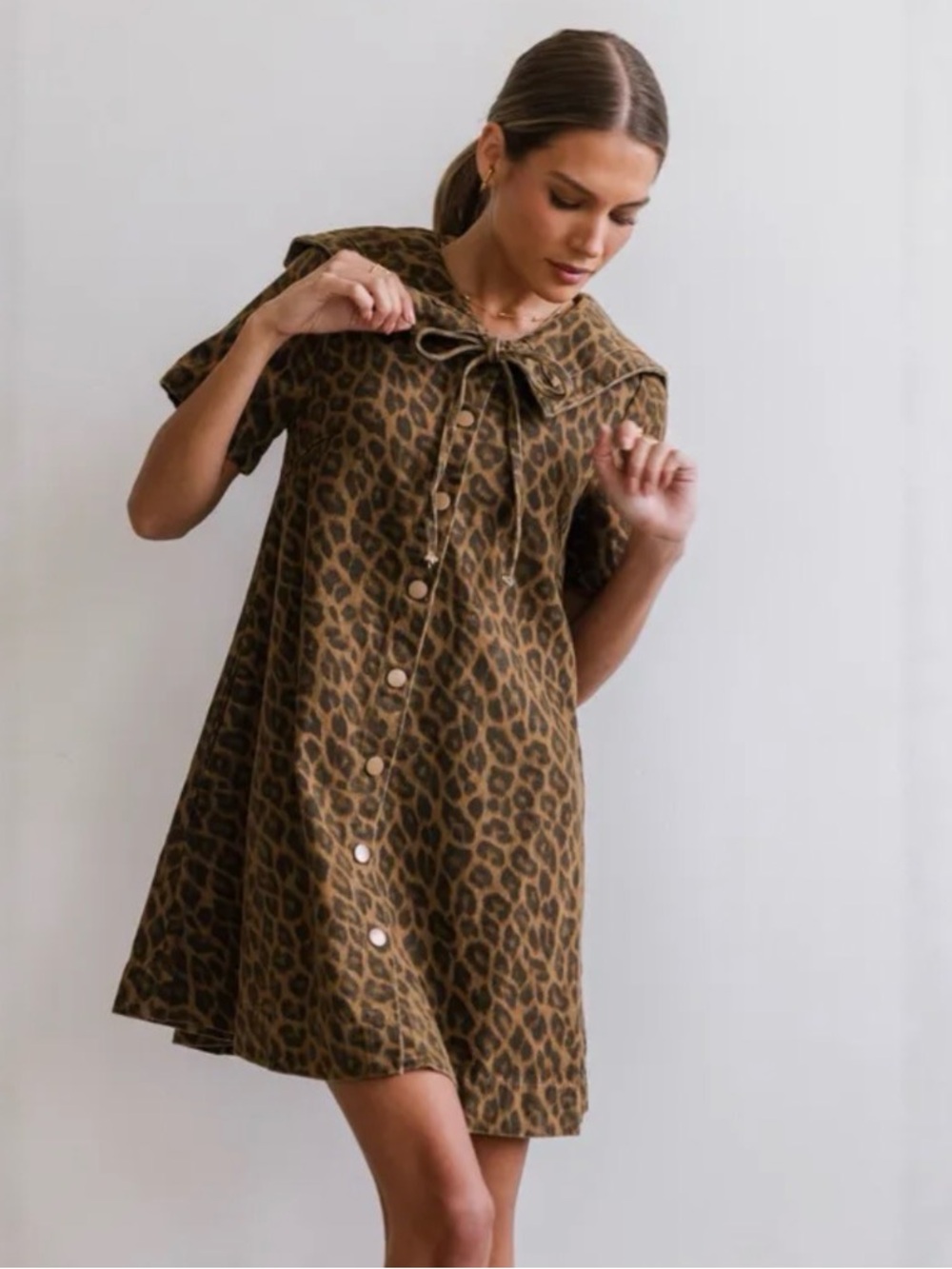 Leopard Print Button-Front Tie Collar Dress - Brown